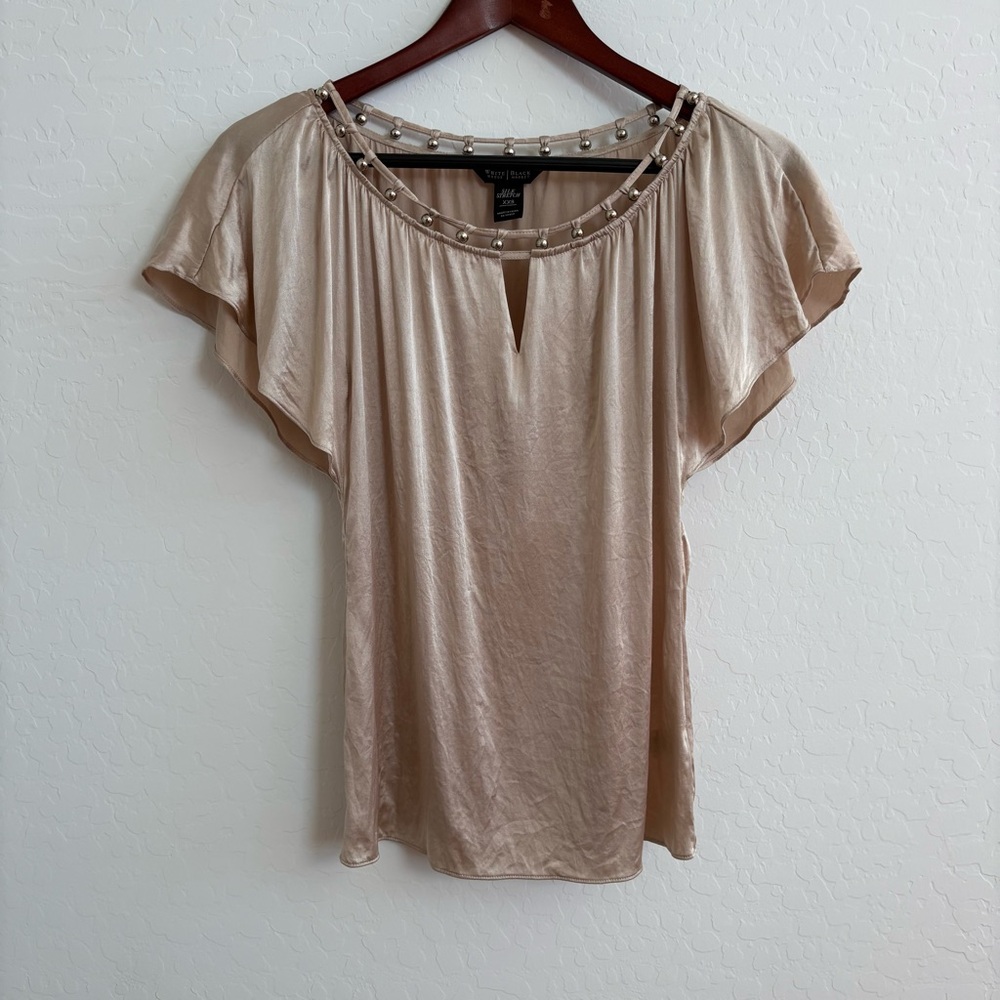 White House Black Market Champagne Blouse with Studded Neckline